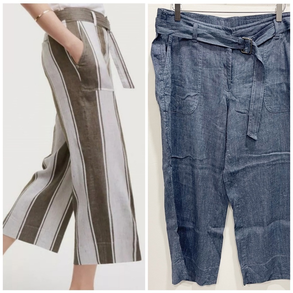 Loft Belted Linen Blend Wide Leg Culotte Pants in Blue Size Large
